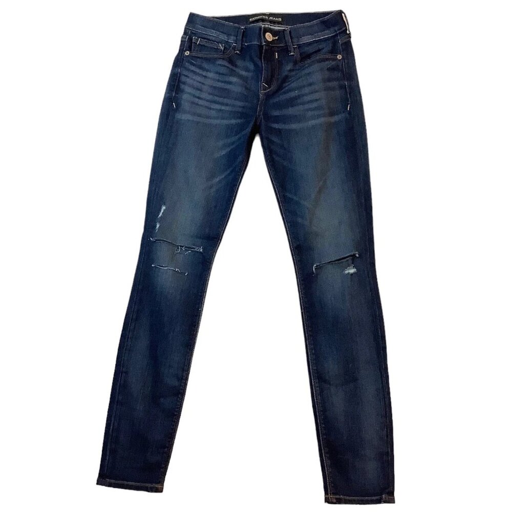 Express Legging Distressed Jeans Mid-Rise Blue Denim Stretch Size 2R